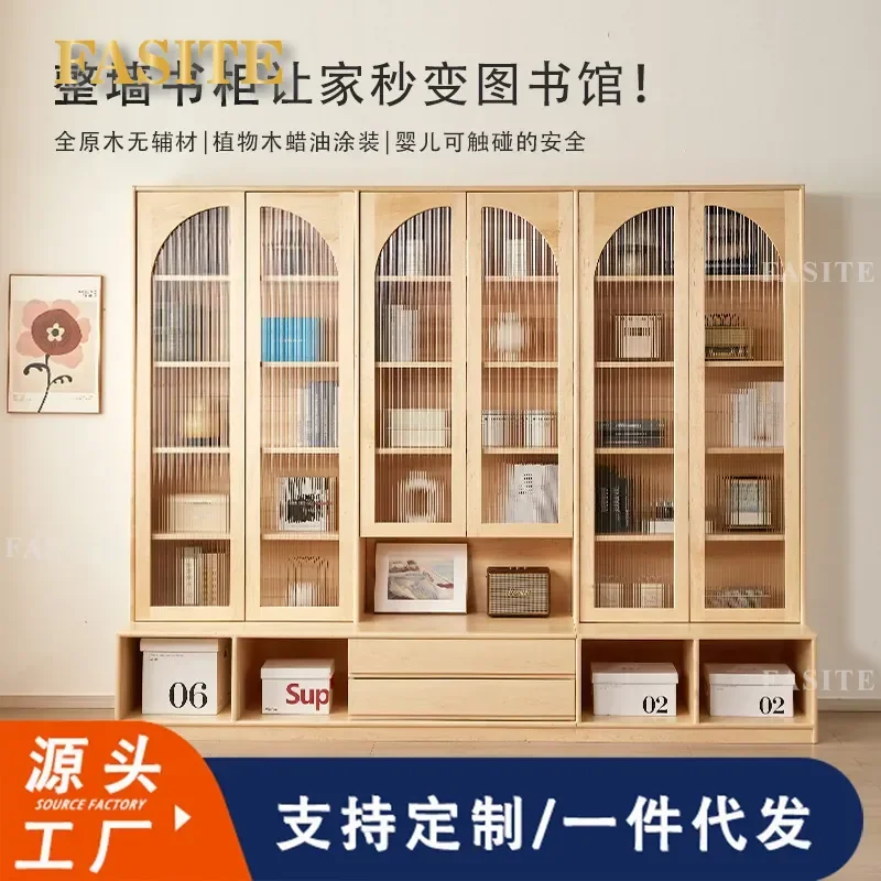 For Living Room Hard Maple Log Display Cabinet with Glass Door Full Wall Bookcase Floor Card Seat Solid Wood Storage