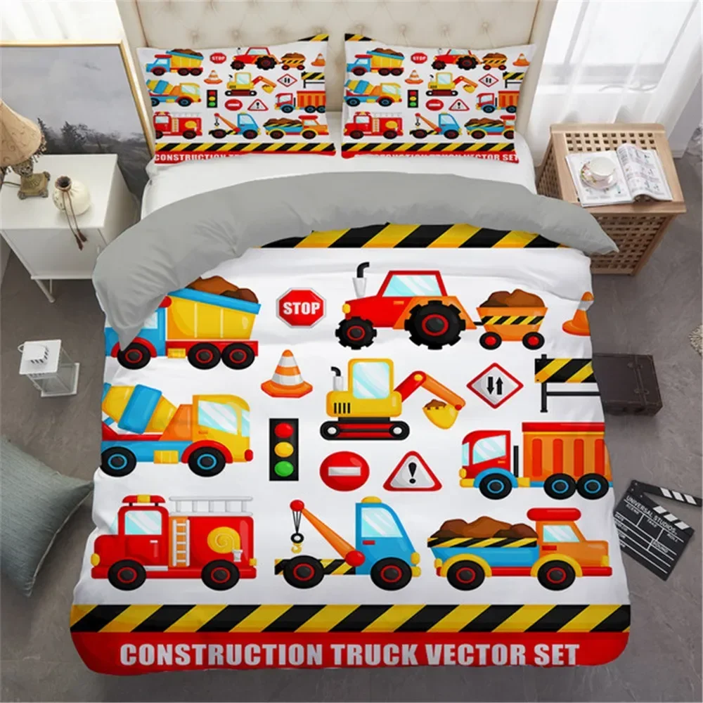 Simple Cartoon Car Excavator Comfortable Duvet Quilt Cover Pillowcase Bedding Set Children Bedroom Decoration Home Textile