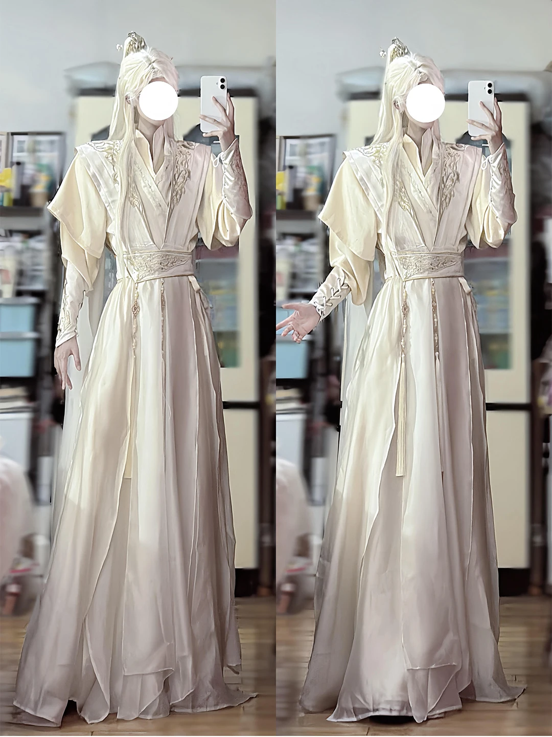 Elegant Hanfu Costume Set for Men And Women in Beige Color Heavy Workmanship for Cosplay And Film Styles Martial Arts Fantasy