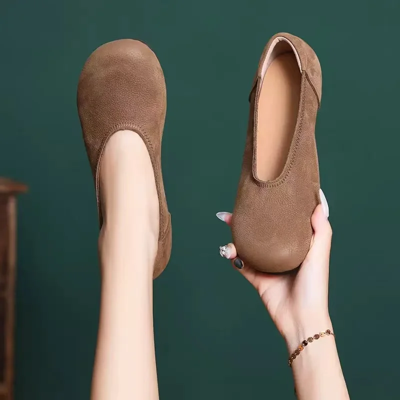 Careaymade-Genuine Leather women\'s shoes retro round toe casual one foot shallow mouth flat single shoes women grandma shoes