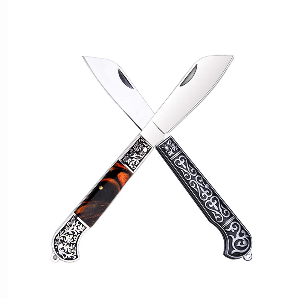 Multi-purpose Vintage Engraved Stainless Steel Outdoor Folding EDC Knife Portable Paring Blade Pocket Tool for Camping Hiking