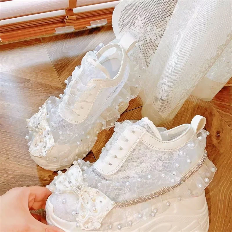 Thick bottom lace ribbon rhinestone Pearl sneakers hand custom mesh low top white casual lace-up women's shoes 35-39