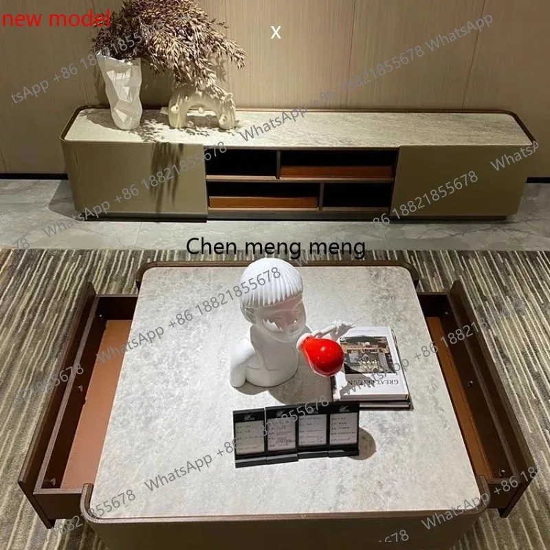 A178TV Cabinet Luxury Saddle Leather Rock Panel Tea Table Combination Modern Small Apartment Livingroom Floorcabinet Storage Cab