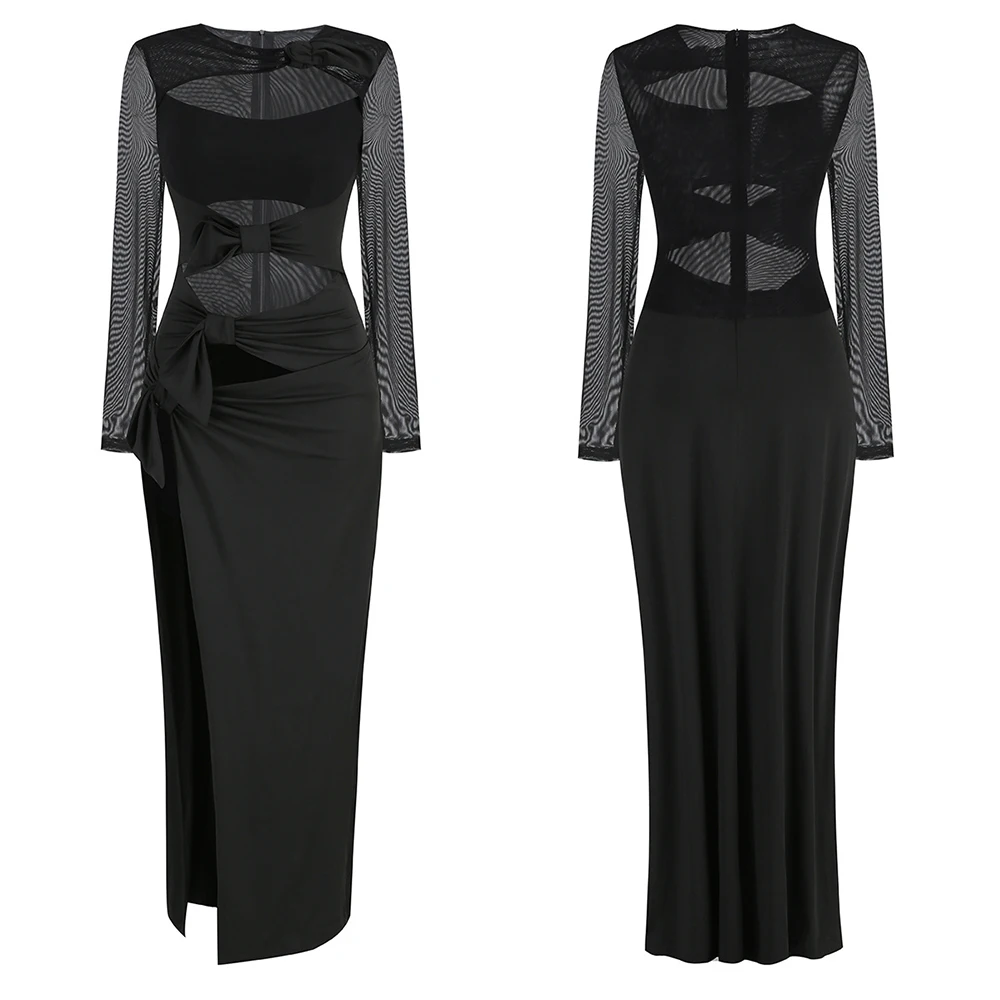Sexy Hollow Out High Side Split See Through Mesh Long Sleeve Maxi Dress Luxury Brithday Prom Gown Party Club Fashion Dresses