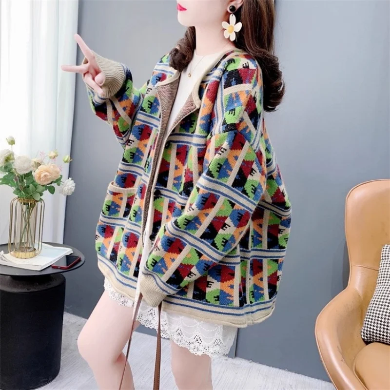 Color Blocking Diamond Grid Knitted Sweater Jacket For Women's Autumn 2026 New Loose Lazy Style Retro Jacquard Cardigan Top W352