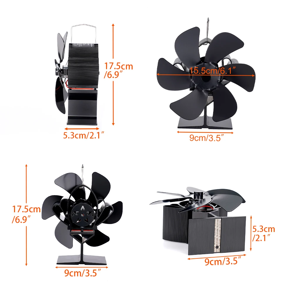 6 Blades Heat Powered Stove Fan Black Fireplace Fan Log Wood Burner Eco-fan Quiet Heater Home Efficient Heat Distribution