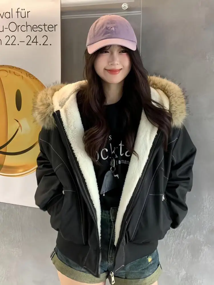 

Winter Grey Long Sleeved Hooded Short Down Cotton Coat Women Black Versatile Zipper Parkas Thickened Festival Jacket Streetwear