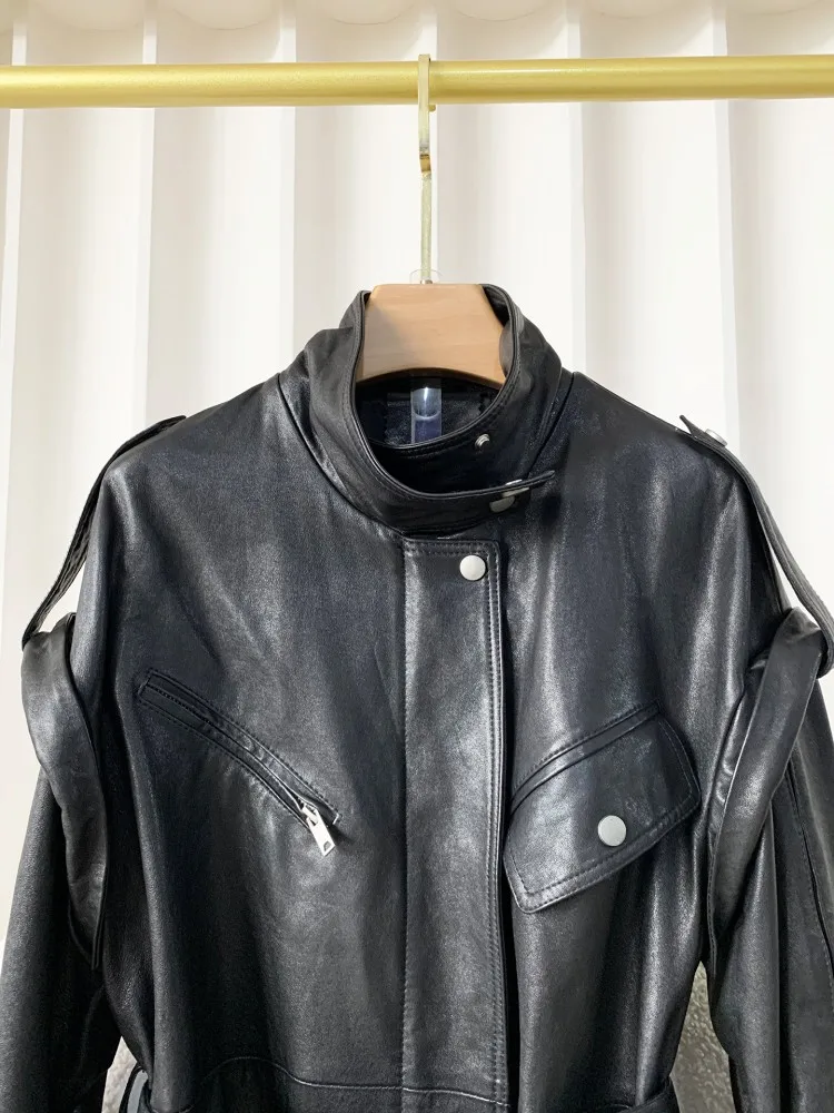 سترة نسائية متوسطة الطول من الجلد الطبيعي بياقة واقفة وخصر عالٍ للخريف ملابس الشارع الشهير معطف سترة واقية من جلد الغنم الحقيقي