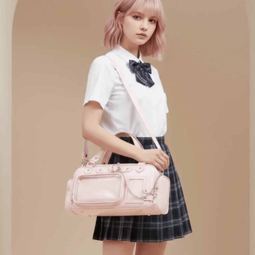 Multi Pocket Clear Ita Bag Glossy Surface with Removable Insert Idol Fans Handbag Metal Chain Detachable Strap