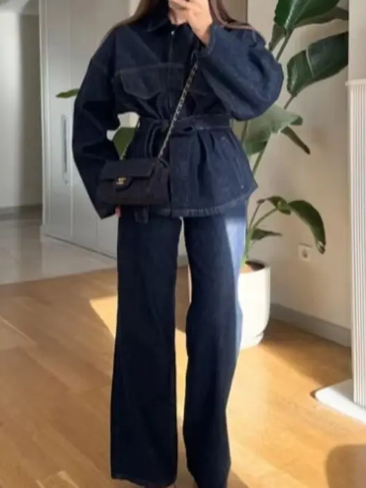 

Retro Classic Denim Jacket Pants 2pcs Set Strap Coat Women Straight Leg Pants Autumn Stylish Women's Casual Suit