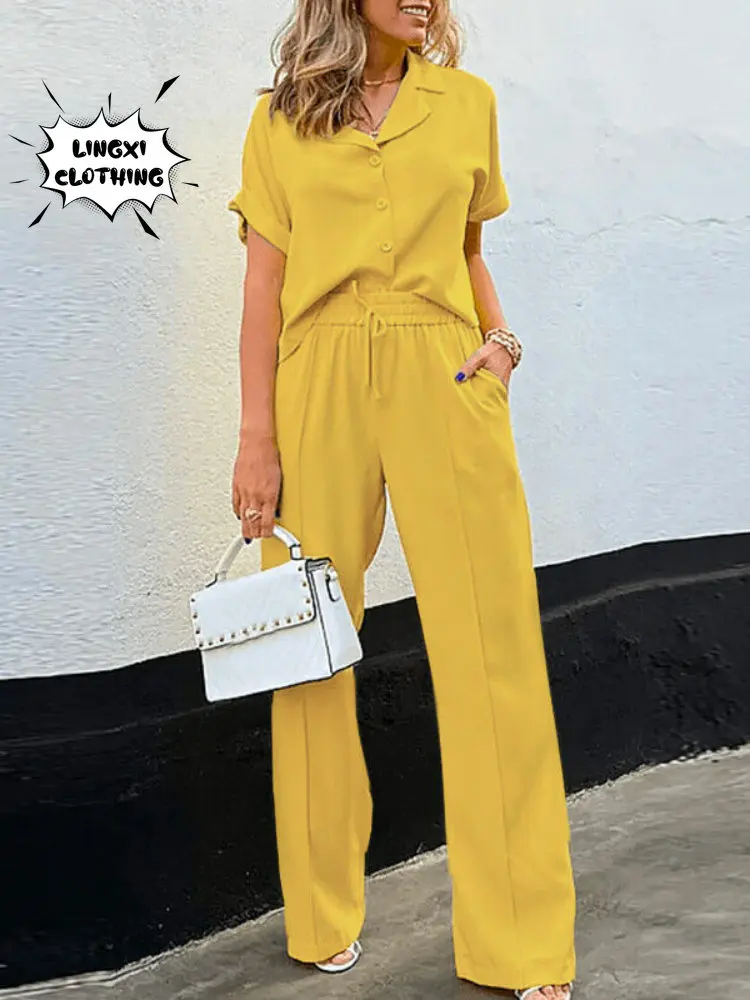 2023 Summer Leisure Fashion New Women's Two Piece Set Women's Short Sleeve Single Breasted Shirt Wide Leg Pants Two Piece Set