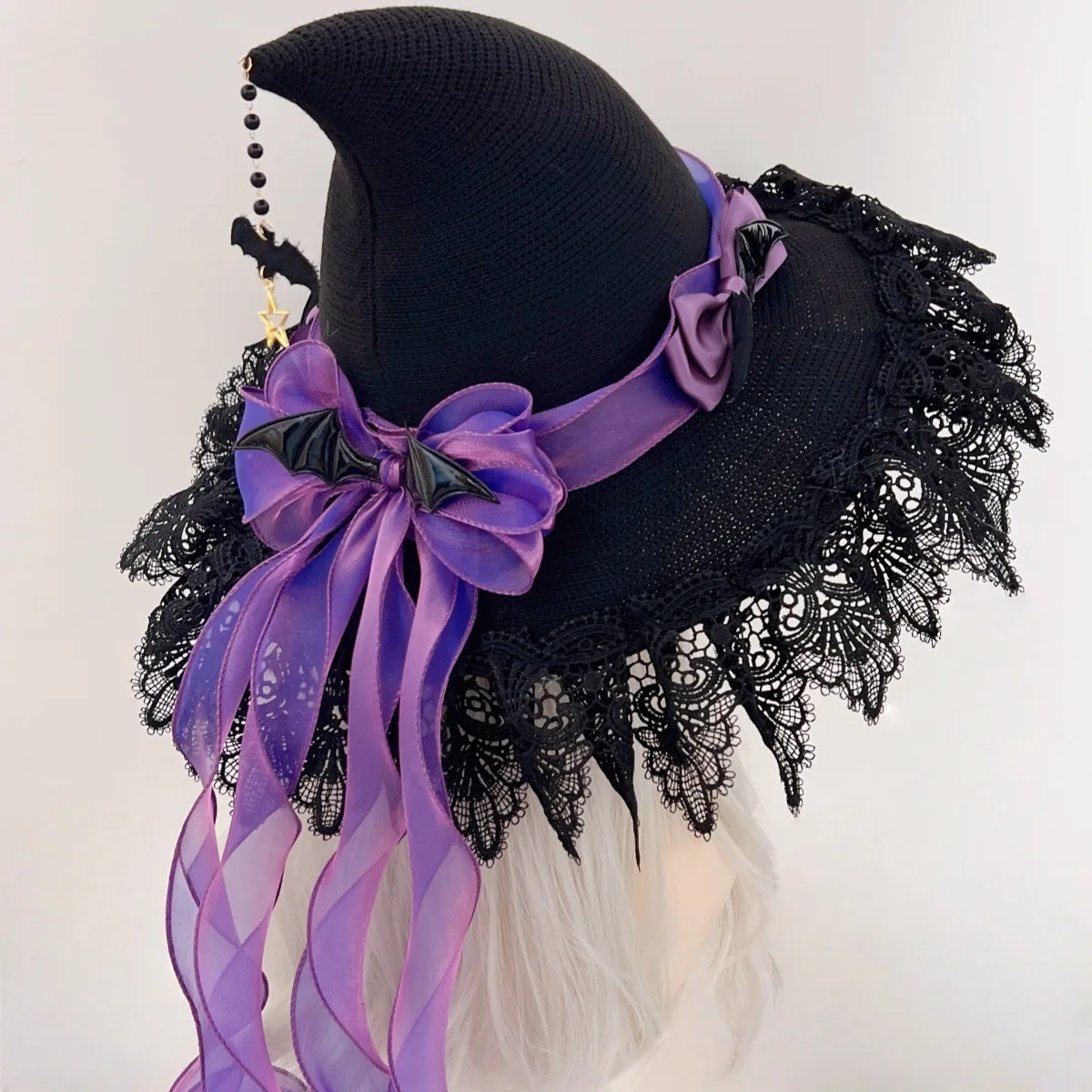 Japanese Halloween Girl Gothic Lolita Devil Bow Lace Princess Hat Cosplay Witch Hat Accessories Pearlescent Sand Bat Pendant Cap