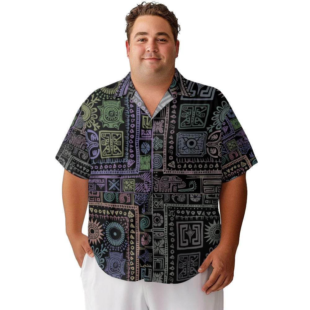 

2024 new Hawaii Men's shirts plus size Art retro pattern squares printed clothing casual short-sleeved