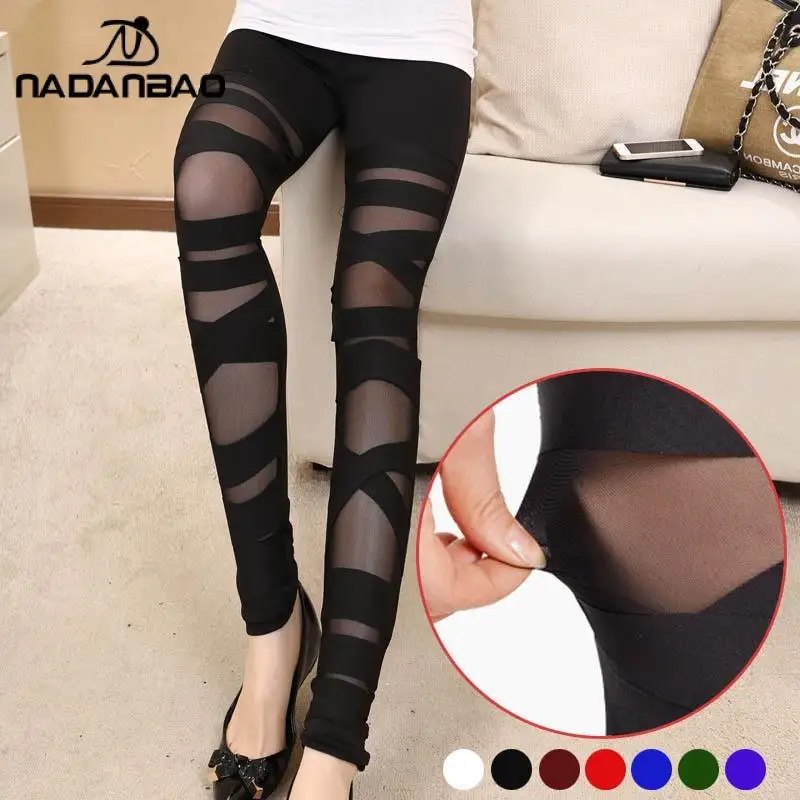 Nadanbao Fashion Woman Pencil Pant Sexy Leggings New Ripped Bandage Trousers Black Lace Cut-Out Girl Patchwork Street