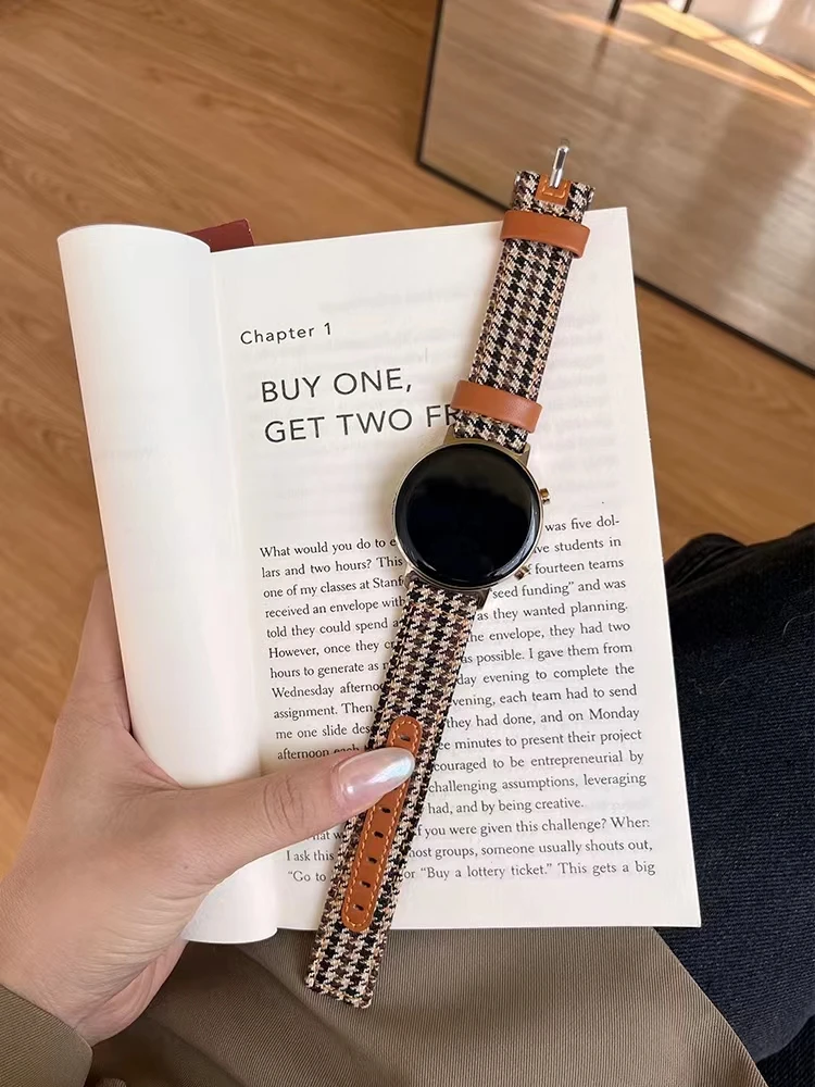 Houndstooth Leather Strap for Huawei GT2/3 Samsung Galaxy Watch6 3 4 Classic 5 Active 41/45mm Band for Amazfit GTR Canvas Correa