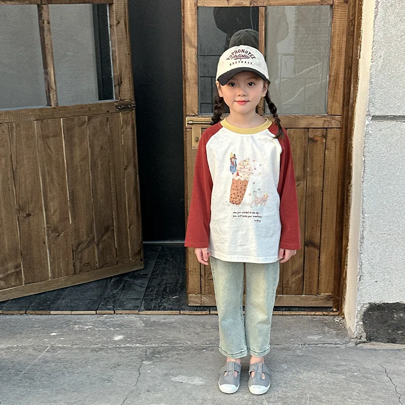 

Футболка для девочек, весна 2024, новая детская одежда, корейский стиль, модная футболка с длинными рукавами и принтом для девочек, повседневная простая футболка