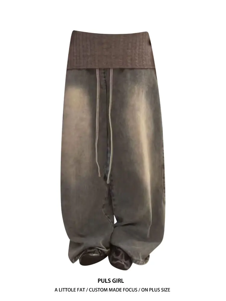 

Retro American Large Size Knitted Patchwork Flip Waist Denim Jeans Women's Wide Leg Long Pants High Waist Casual Style