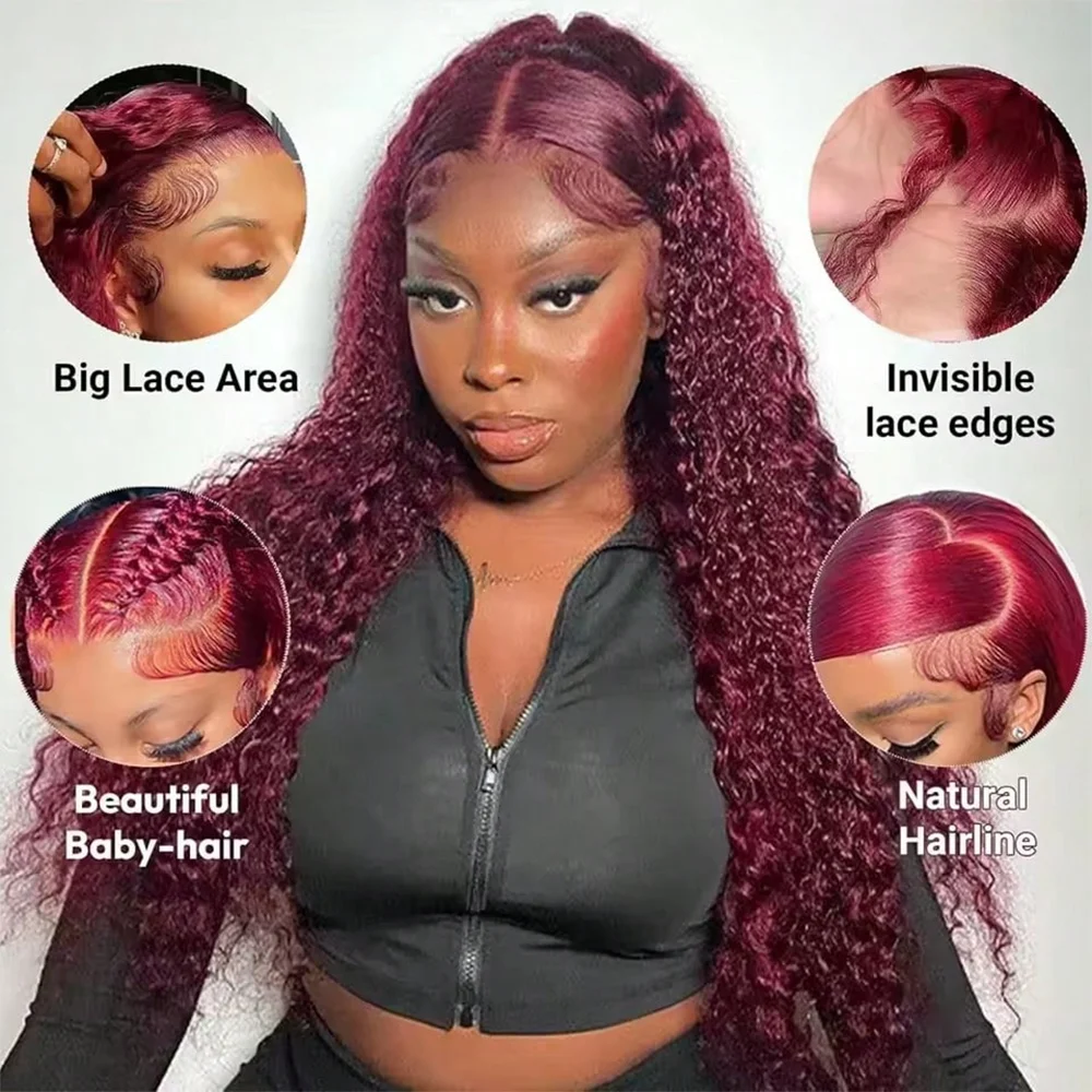32 34 Inch Deep Wave 99J Burgundy Human Hair Wigs with Pre Plucked Baby Hair Natural Hairline 13x4 HD Lace Front for Women