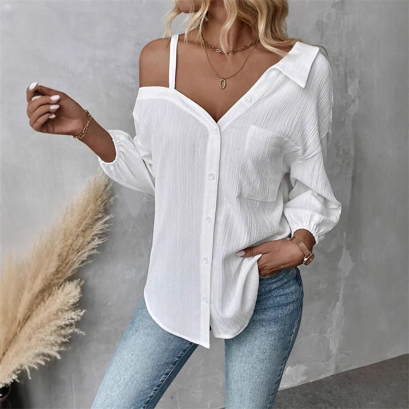2025 femmes Blouse automne couleur unie Sexy évider conception chemises nouveau décontracté ample à manches longues chemise bureau dames Blusas Mujer