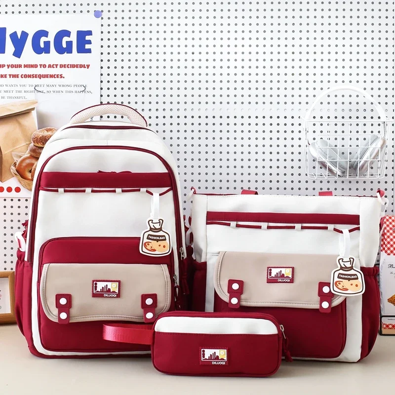 Ensemble de sacs d'école en nylon solide de grande capacité avec fermeture éclair, sacs à dos simples et polyvalents, sacs d'école classiques, offre spéciale, 3 pièces