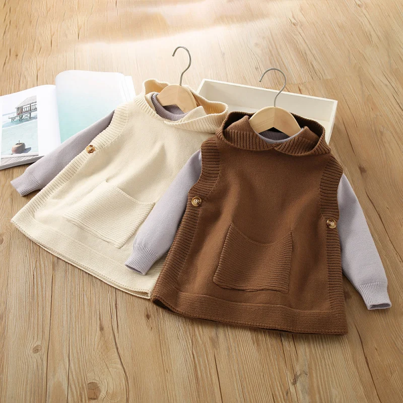 

Children's Sweater Autumn Winter New Pocket Hooded Knitted Vest Casual Baby Stylish Pullover Two-Piece Set Trendy