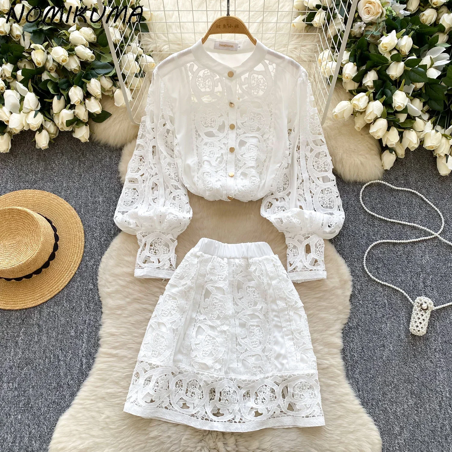 

Nomikuma French Korean Style Hollowed Out Lace Lantern Sleeve Shirt with Layered Camisole Vest and High Waisted Skirt Set