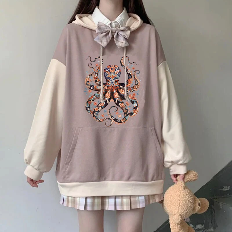

Women Y2K Creative Octopus Pattern Print Hoodie Harajuku Aesthetic Loose Sweatshirt Hip Hop Punk Long Sleeve Streetwear Pullover
