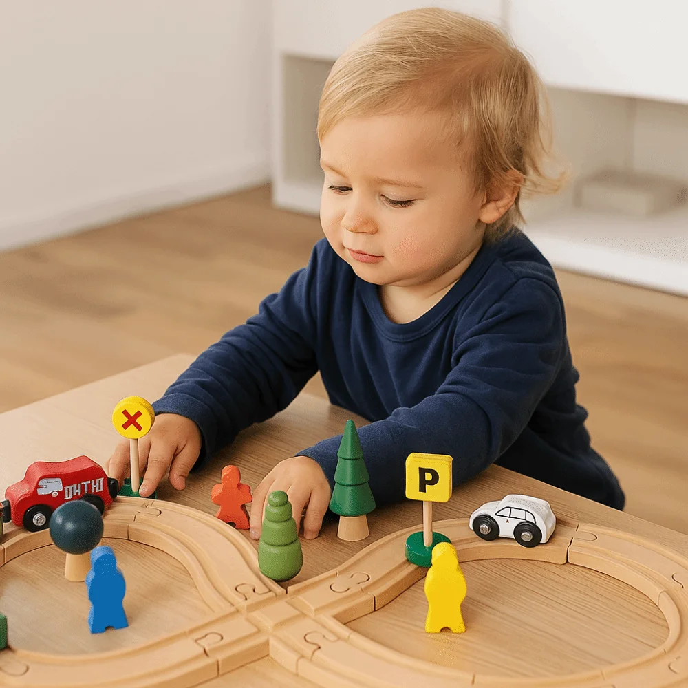 Treno in legno per bambini a forma di 8 Montaggio fai-da-te Luce di segnalazione Pista di allenamento per il pensiero Giocattolo per l'educazione precoce Giunzione