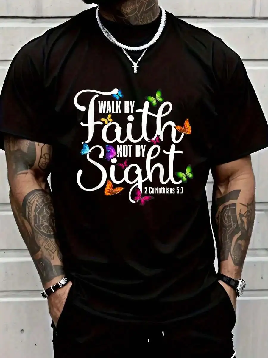 100% Cotton Jesus Walk By Faith Christian T-Shirt Round Neck Short Sleeve T-Shirt Women's Men's Graphic Tee Women's Men Graphic