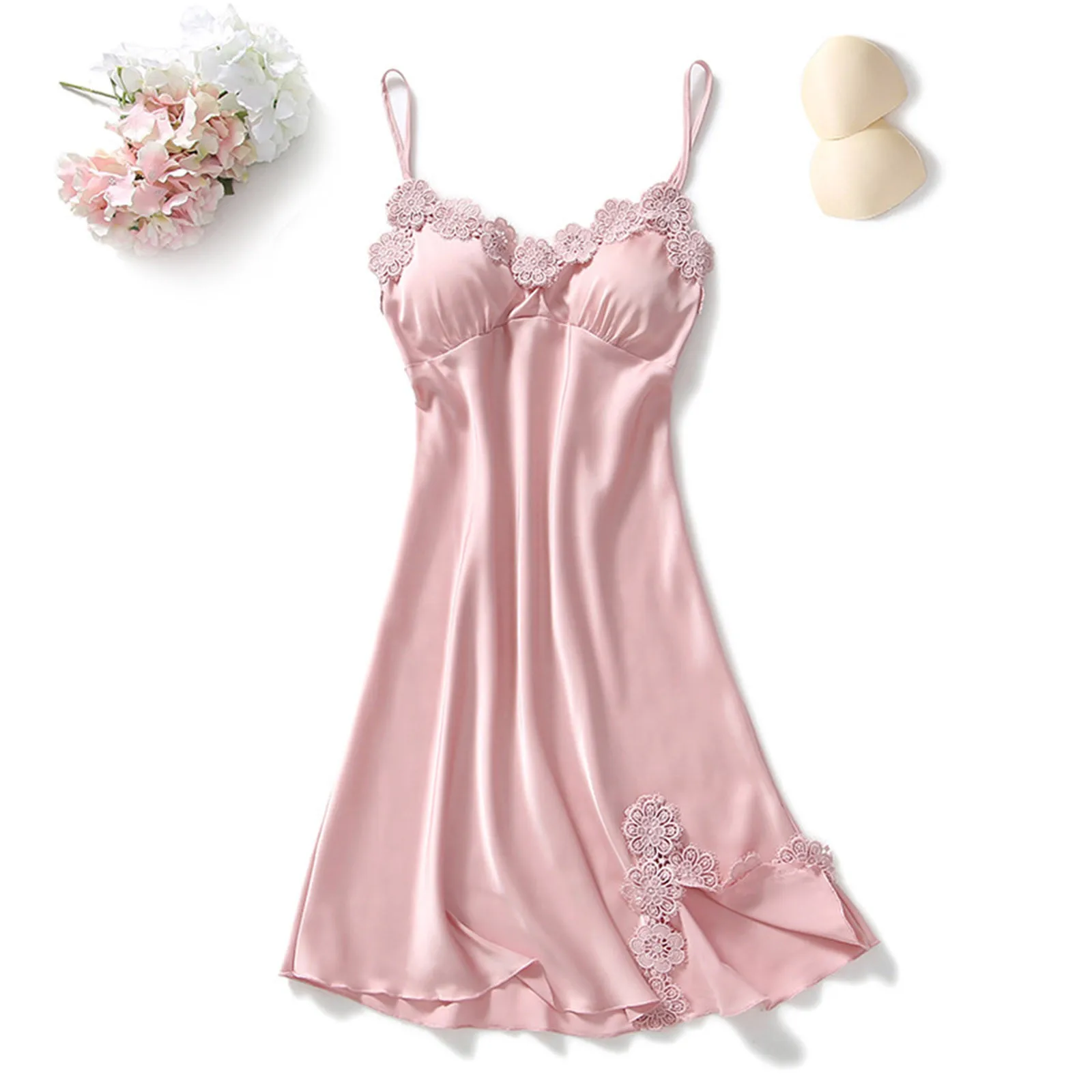 

Ladies Dress Nightgown Sleepwear Women Sweet Sexy Solid Color Imitation Silk Bud Belt Breast Pad Gathered Suspender Nightdress