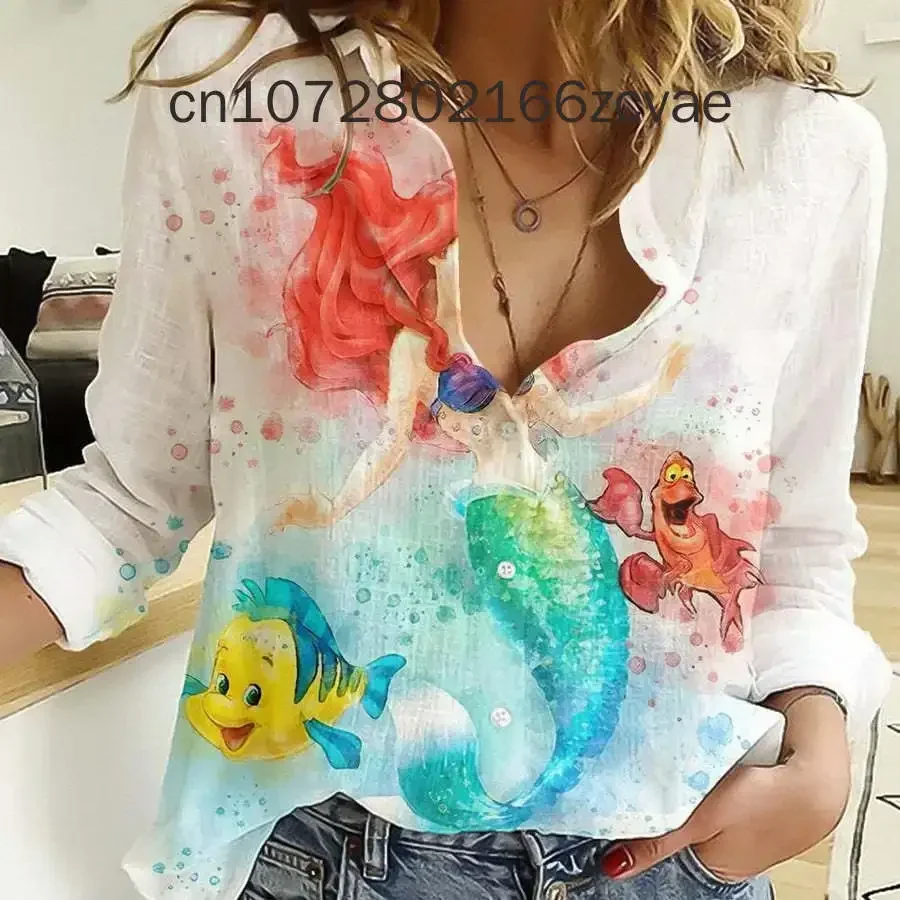 Disney Mermaid Casual Blouse Women\'s Long Sleeve Shirt Button Cardigan Elegant 3D Printed Breathable Women\'s Fragmented Chiffon