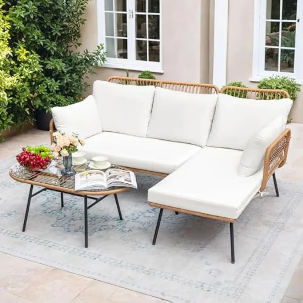 Outdoor Rope Woven Patio Furniture L-Shaped Conversation Sectional Sofa Set Detachable Lounger for Backyard Porch Outdoor Sofa