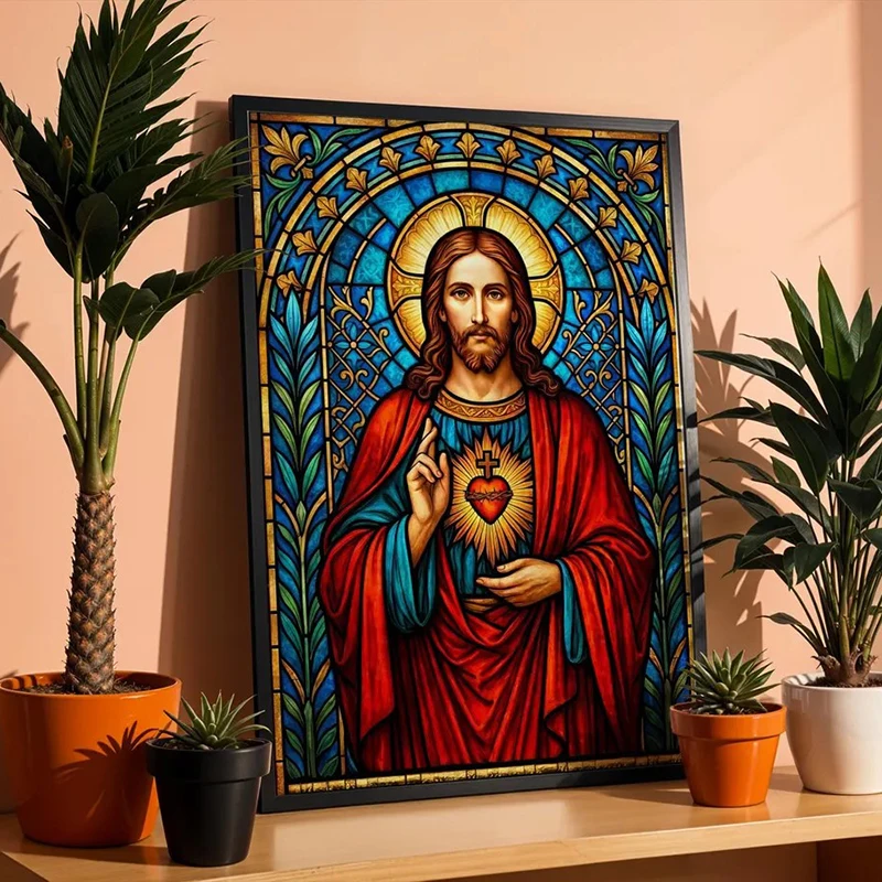 Sacred Heart of Jesus Stained Glass Canvas Print, .Virgin Mary Poster, Christian Religious Portrait Decor, Canvas Wall Art