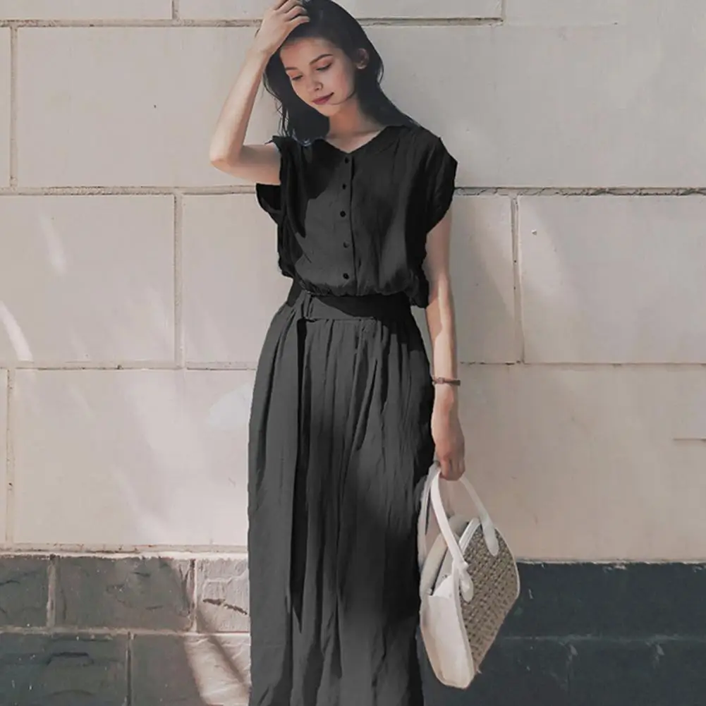 Casual Commuting Style Dress Round Neck Long Dress Elegant A-line Midi Dress with Belted Waist Pleated Skirt Women's for Slim