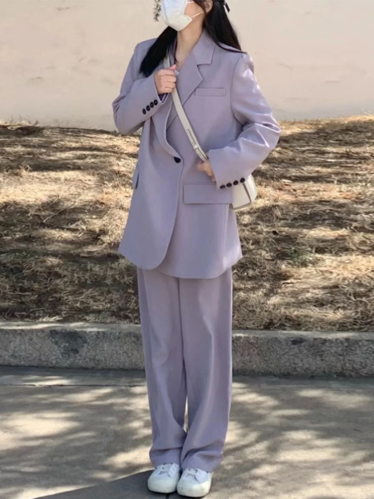 

Women's Casual Loose Faionable Suit Jaet Autumn New Korean Version Set Straight Tube Polyester Long Sve Pure Color