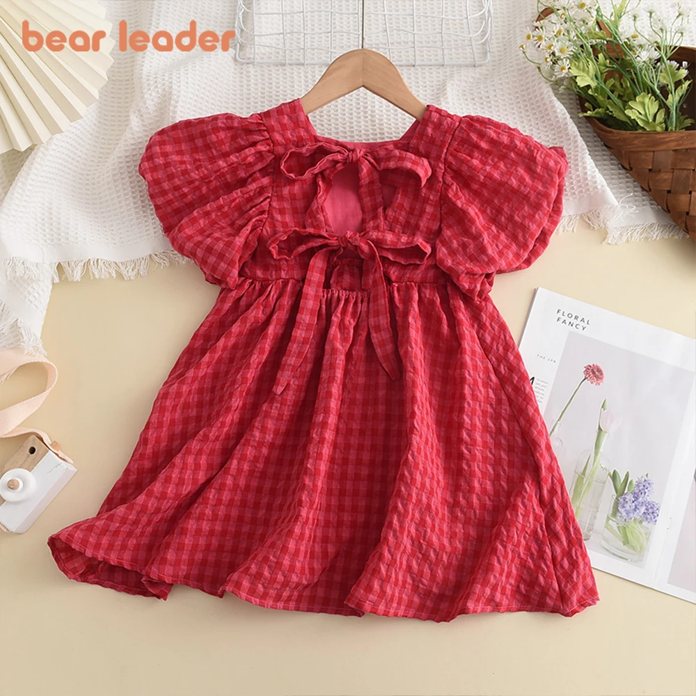 Bear Leader Summer Red Plaid Bow Dresses Elegant Lolita Child Baby Girl Midi Dress Children Dresses Girl Party Princess Sundress