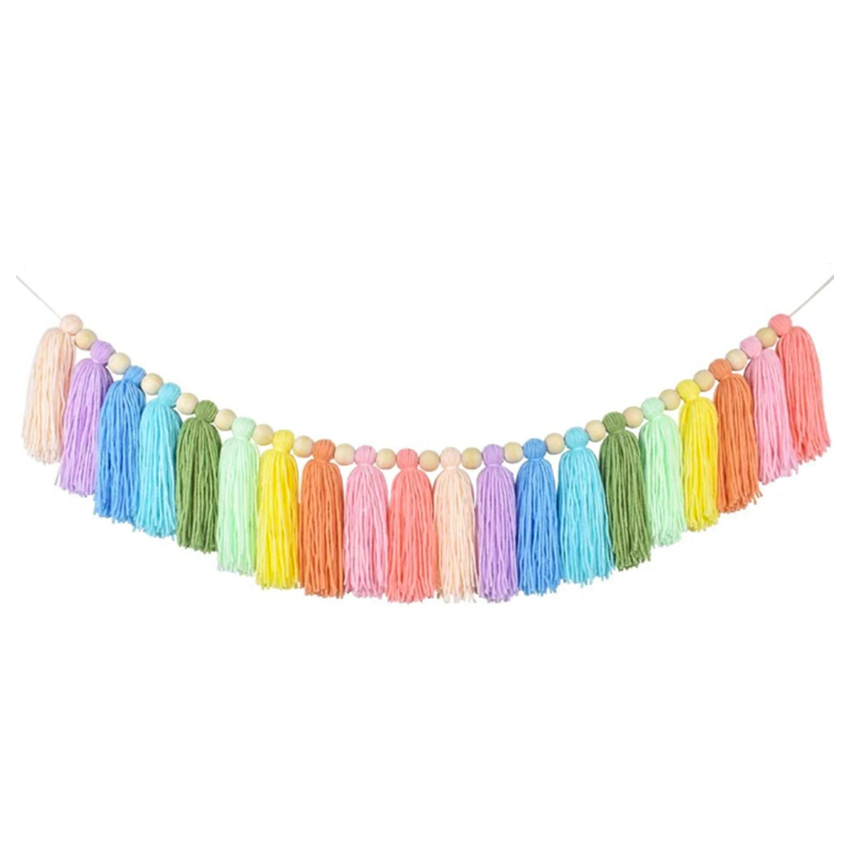 37Inch Pastel Rainbow Tassel Garland with Wood Bead Colorful Tapestry for Bedroom Wall Classroom Nursery Party Decor