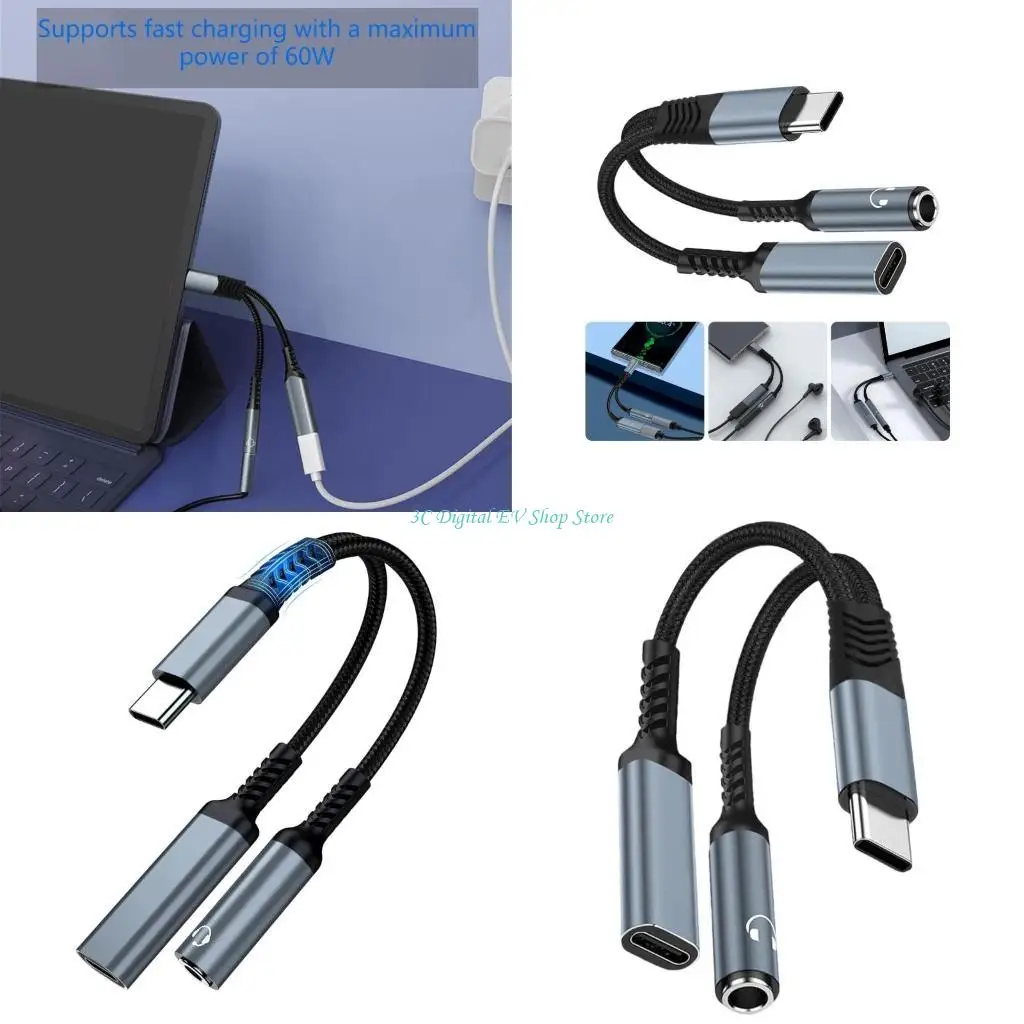 

E74D Универсальный звуковой разветвитель USB C 3,5 мм и зарядный кабель 60WPD для автомобиля и динамиков