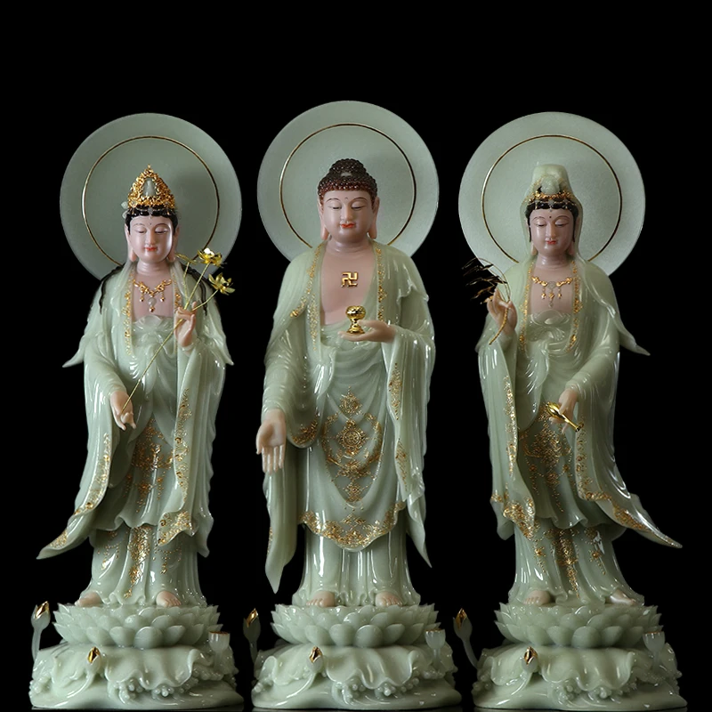 

A set 3PCS HOME shrine Buddhism XI FANG SANSHENG jade Guan yin Amitabha Mahasthamaprapta Buddha God statue Large 48CM