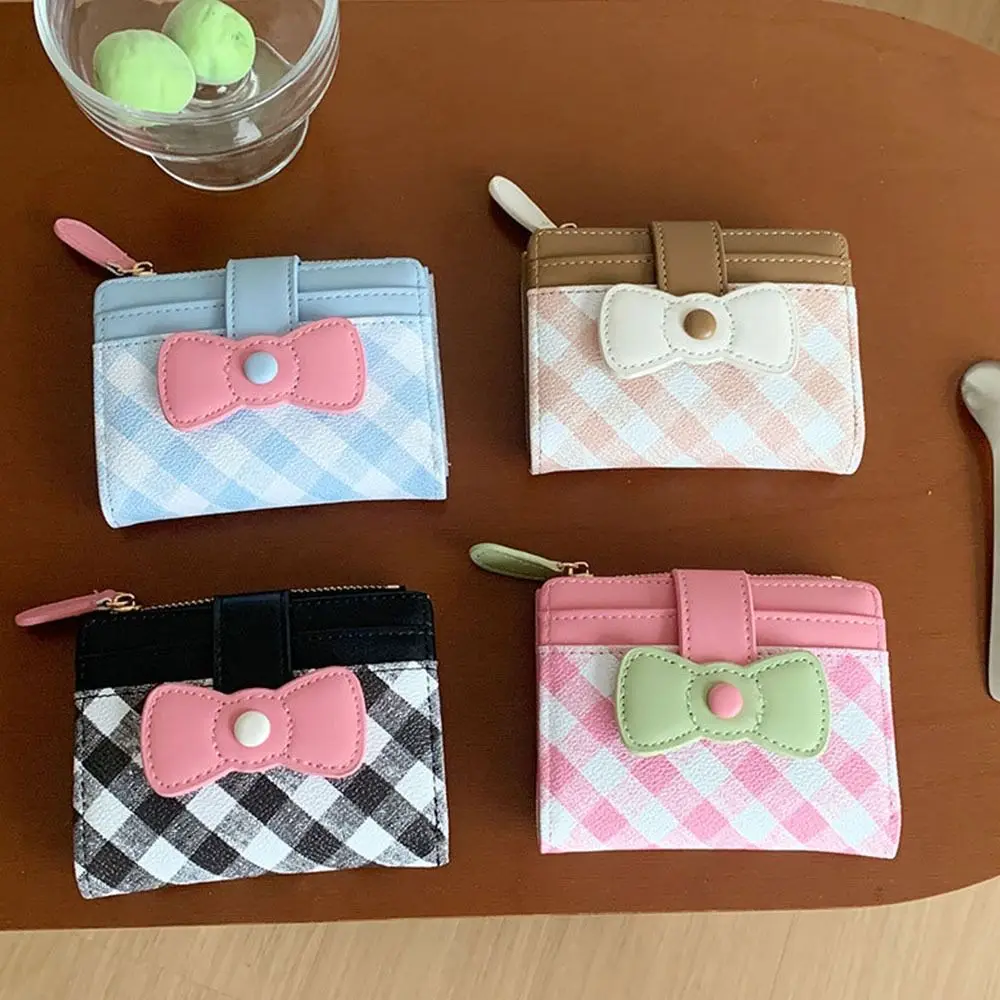 Portable Checkered Bow Wallet Multiple Card Slots Dopamine Women Wallets Coin Purse Women Girls