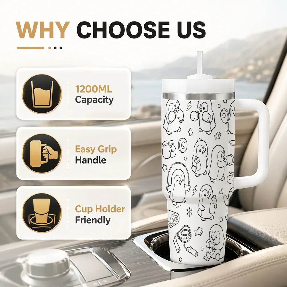 Cute Penguin Activities Line Art Vacuum Flasks 40oz Leakproof Steel Tumbler w/ Lid Straw Handle Hot Cold Drinks