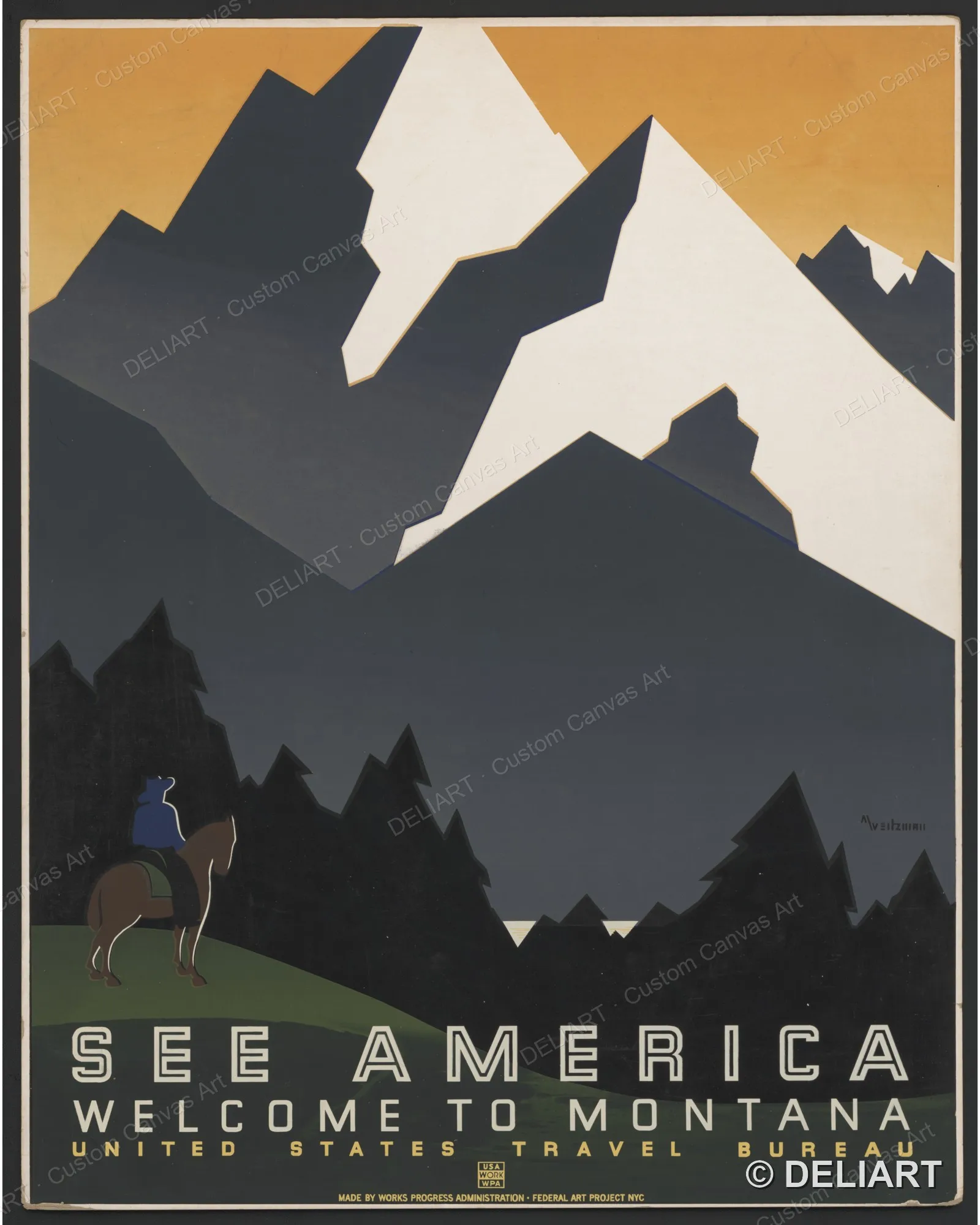See America. Welcome to Montana Vintage Travel Canvas Wall Art Poster Print Retro Tourism Advertising Nostalgic Unframed