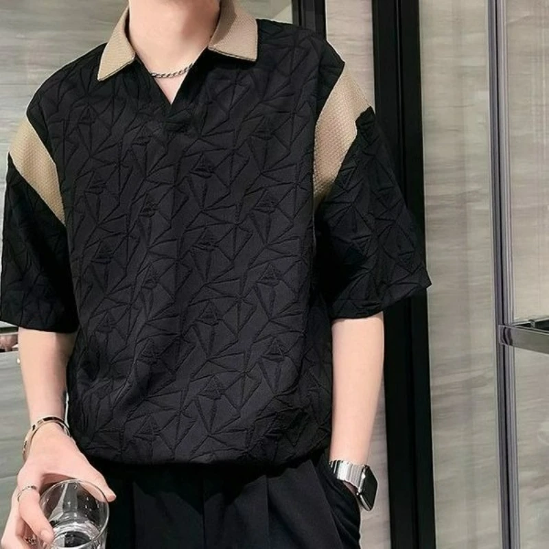 

European American Personalized Short-sleeved Men T-shirt Slim-fitting Summer Printing Design Business Lapel Versatile Loose Top