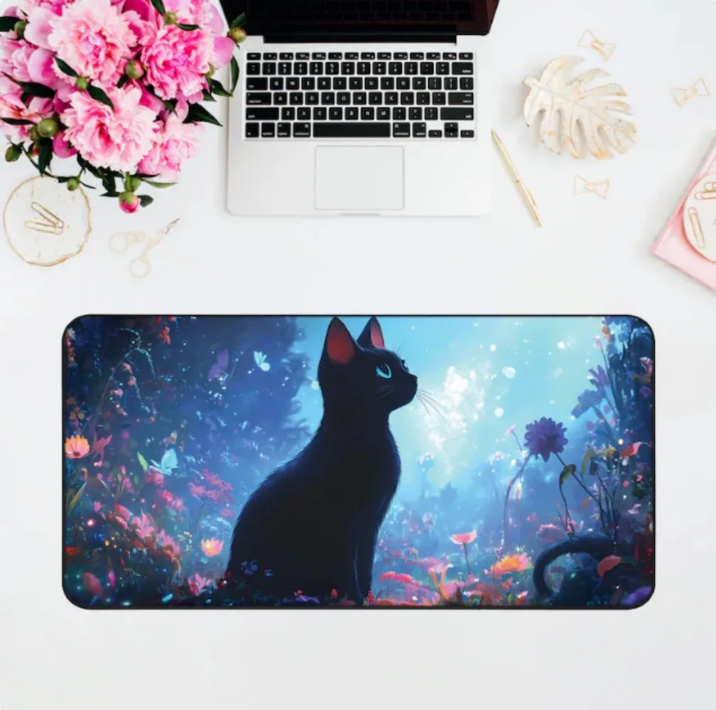 Magic Forest Black Cat Desk Mat XXL Large Gaming Mouse Pad Non-slip Rubber Base Keyboard Pad Fantasy Floral Scenery Table Mat