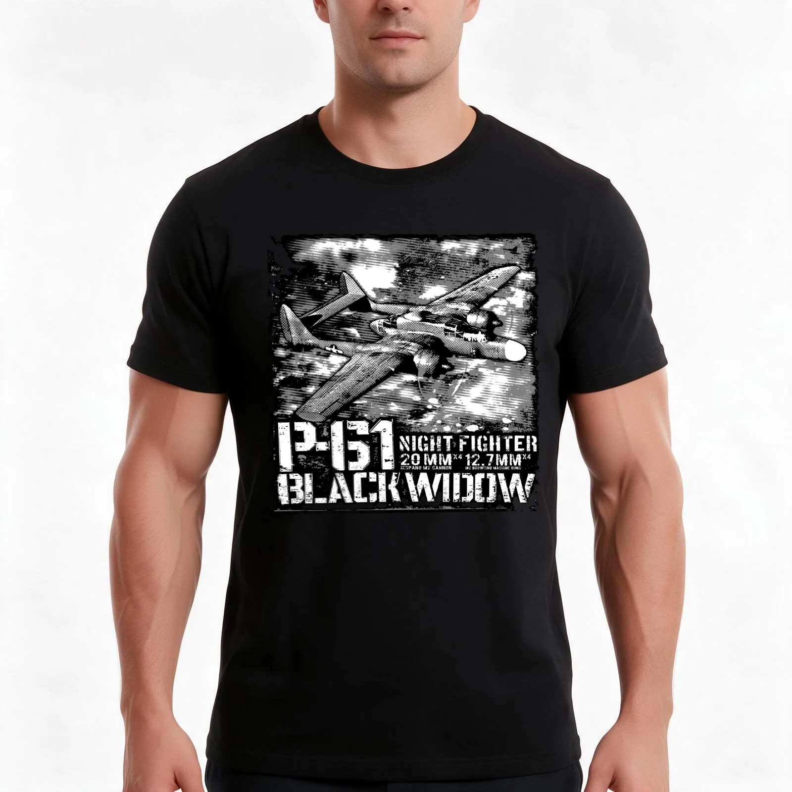 P-61 Black Widow T-Shirt Summer Casual Cotton Tee Oversized Streetwear Tops Vintage Graphic Print Loose Fit Short Sleeve