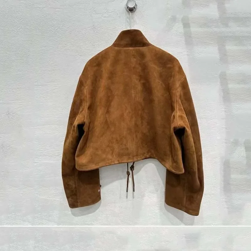 Damen-Jacke aus Wildleder, Stehkragen, hochwertig, langärmelig, Herbst 2025, modischer, kurzer Mantel