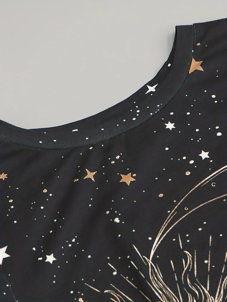 New Entry Women's Casual Resort Fun Sun and Moon Positioning Printed Short Sleeve T-Shirt