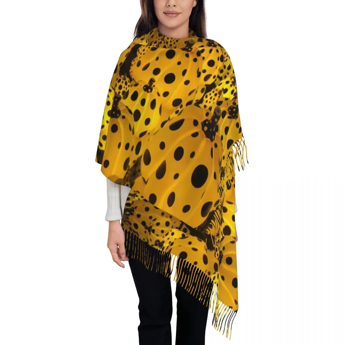 Pumpkin With Dots Shawl Wrap Womens Winter Warm Single-sided Pattern Scarf Yayoi Kusama Neckerchief Tassel Scarves