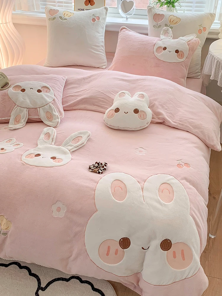 Winter Thiened Cute Milk Velvet Four-Piece Set Double-Sided Coral Fce Duvet Cover Girl Children Princ Sle Bedding