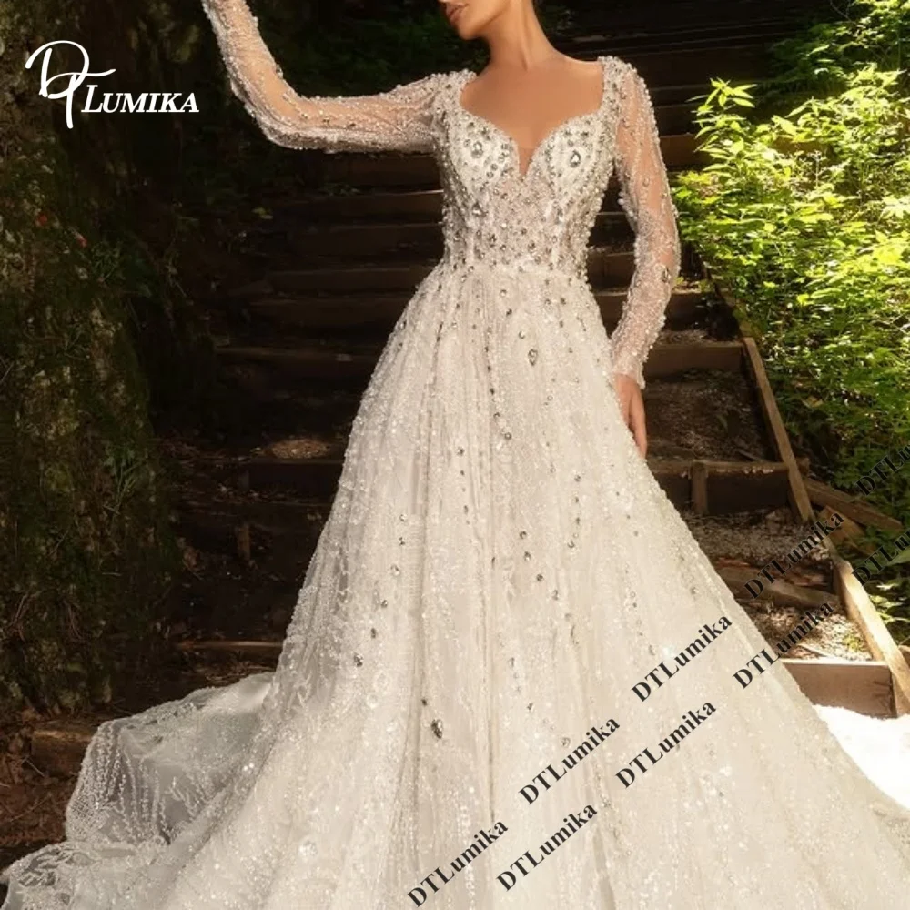 Beaded Crystal Bodice Wedding Dress Customized Long Sleeve V-Neck Ball Gown Bride Dresses with Long Train Wedding Ceremony Gown